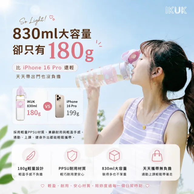 【IKUK 艾可】德國材質PPSU兩用水壺830ml-附粗吸管水壺(吸管杯/直飲杯/環保杯/運動水壺/兩用水壺/兒童水壺)