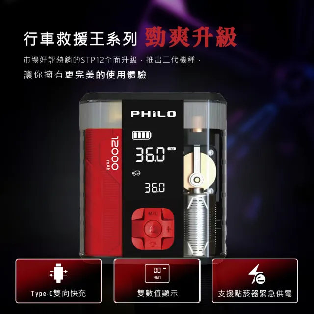 【Philo 飛樂】STP12PRO二代 12000Mah 救車啟動電源x自動打氣機 多功能機(救車電源/救車電霸/充電打氣機)