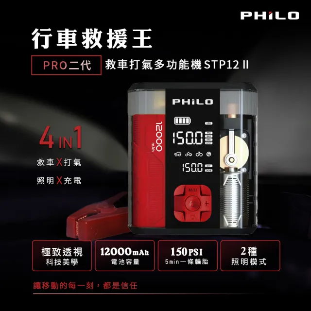 【Philo 飛樂】STP12PRO二代 12000mAh 汽柴油 救車打氣一體機/胎壓打氣機/自動打氣機/救車行動電源
