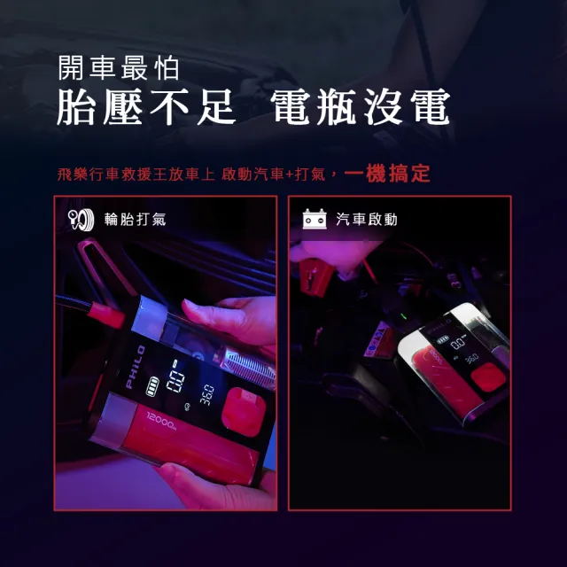 【Philo 飛樂】2入組 STP12PRO二代 12000Mah 救車啟動電源x自動打氣機 多功能機(救車電源/充電打氣機)