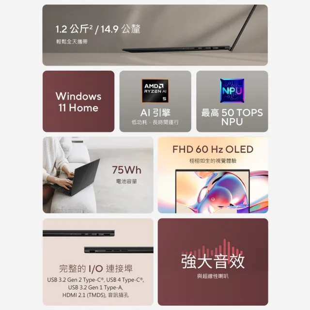 【ASUS 華碩】65W充電組★14吋Ryzen AI 5 輕薄筆電(Zenbook UM3406GA/Ryzen AI 5-430/16G/512G/W11/OLED)