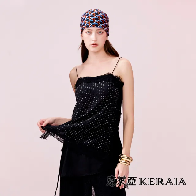 【KERAIA 克萊亞】魅力價-赫本圓點蕾絲細肩帶側開岔背心上衣