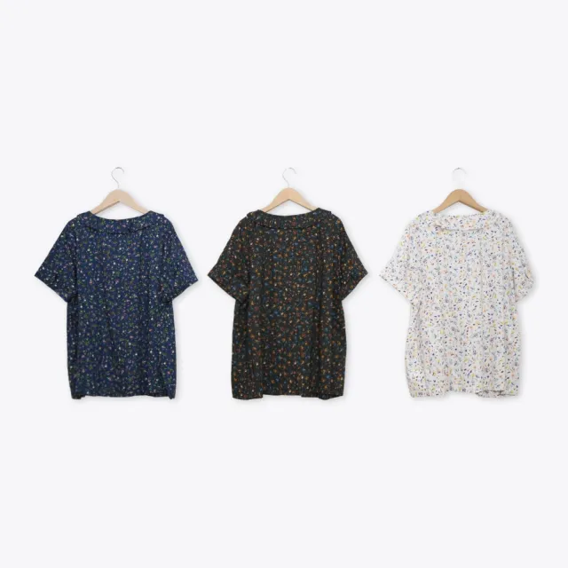 【MOSS CLUB】彩色手繪風花卉不對襯荷葉領襯衫 藍 黑 白(魅力商品)
