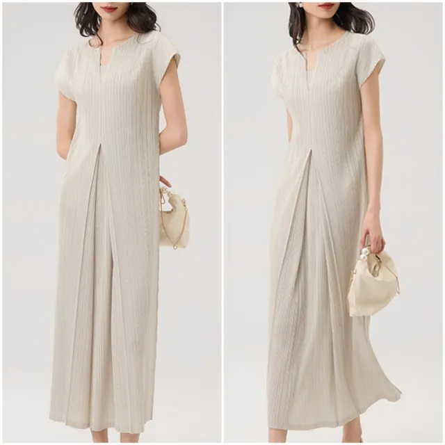 【米蘭精品】現貨出清 三宅風皺褶衣服洋裝褶皺長裙短袖連身裙子摺衣彈力女裝折衣大碼(V領法式5色74mm1)