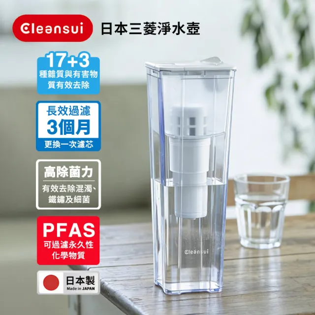 【Cleansui 可菱水】日本製-官方直營1.35L濾水壺CP012(含濾芯1)+中空絲膜濾芯2顆(共1壺3芯)