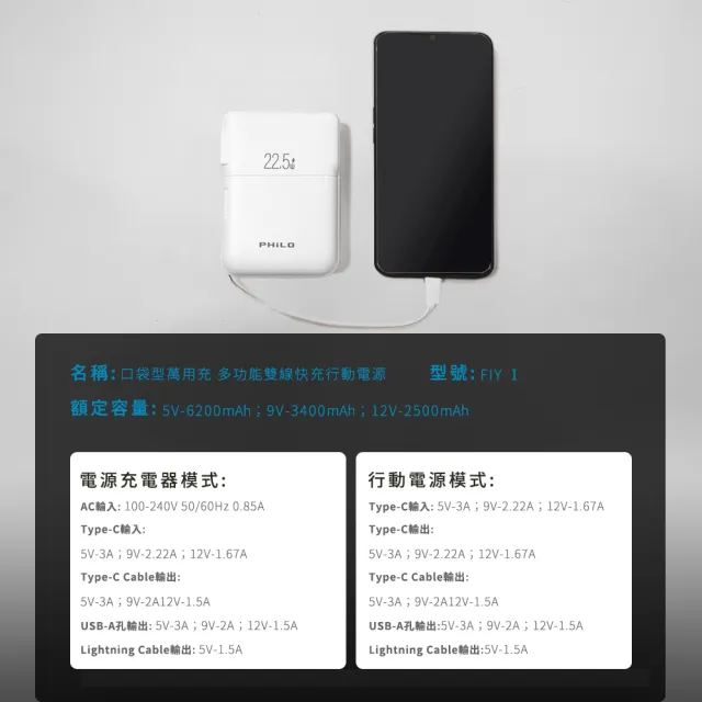 【Philo 飛樂】10000mAh 22.5W 無線充行動電源 FLYⅠ(qi2 行動電源/自帶線行動電源/快充自帶線)