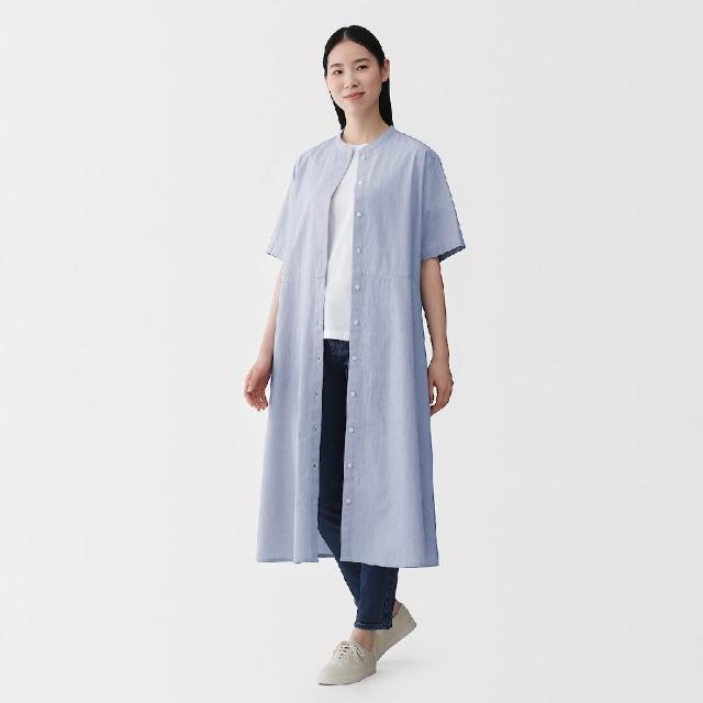【MUJI 無印良品】女涼感短袖襯衫洋裝(黑色/象牙白格紋/淡藍直紋)