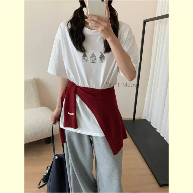 【Want-Meow】90公斤可穿/寬鬆獨家質感可愛小屋插畫T棉T大尺碼上衣大尺碼T恤(大碼/大尺碼/加大碼/短袖上衣)