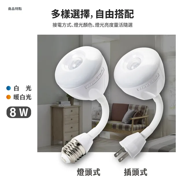 【太星電工】一把照LED人體感應燈 8W AC插頭式 自動感應節能夜燈 (白光/暖白光) 玄關走廊適用