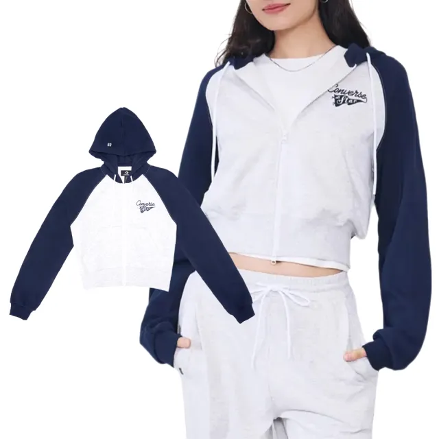 【CONVERSE】Retro Full Zip Fleece Top 女款 藍灰色 復古連帽 外套 WCJ448-695