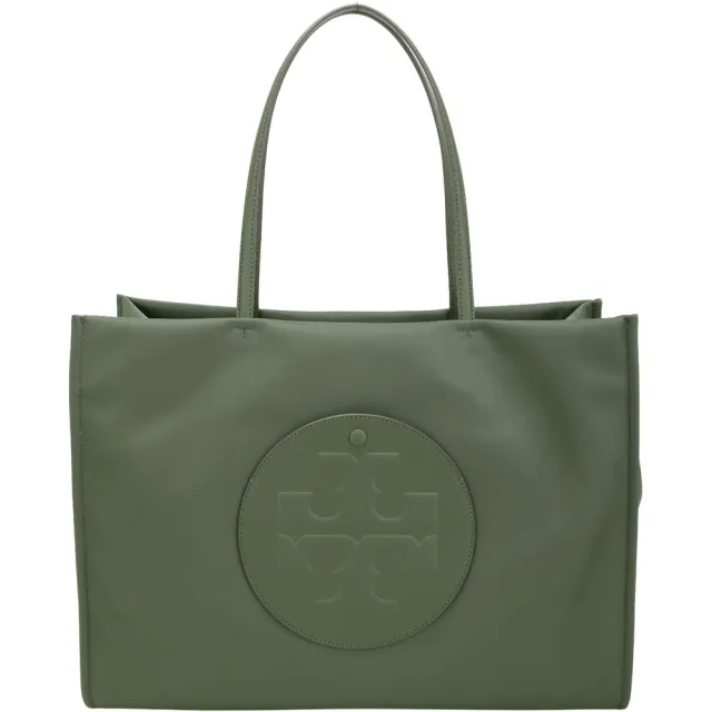 【TORY BURCH】Ella 大款 皮革盾牌前袋 尼龍肩背托特包-軍綠