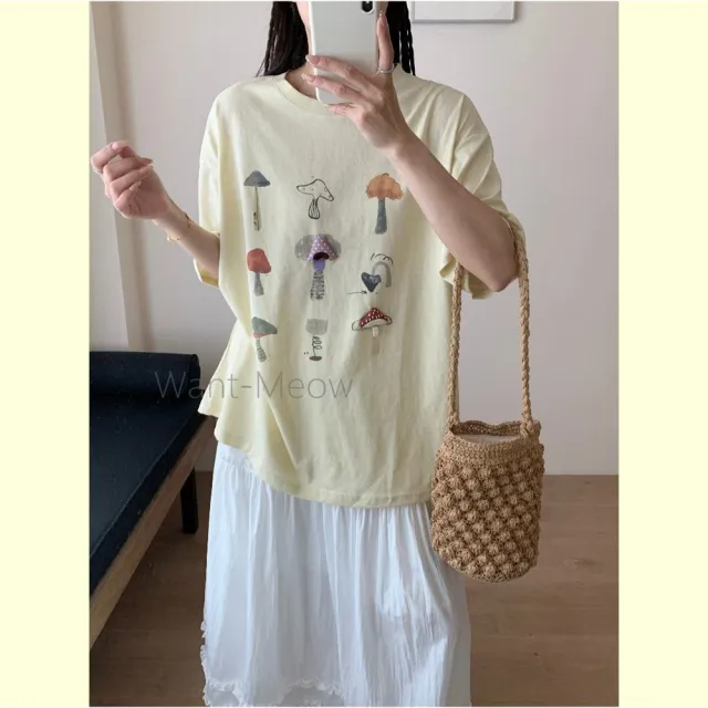 【Want-Meow】90公斤可穿/寬鬆獨家質感韓系蘑菇插畫T棉T大尺碼上衣大尺碼T恤(大碼/大尺碼/加大碼/短袖上衣)