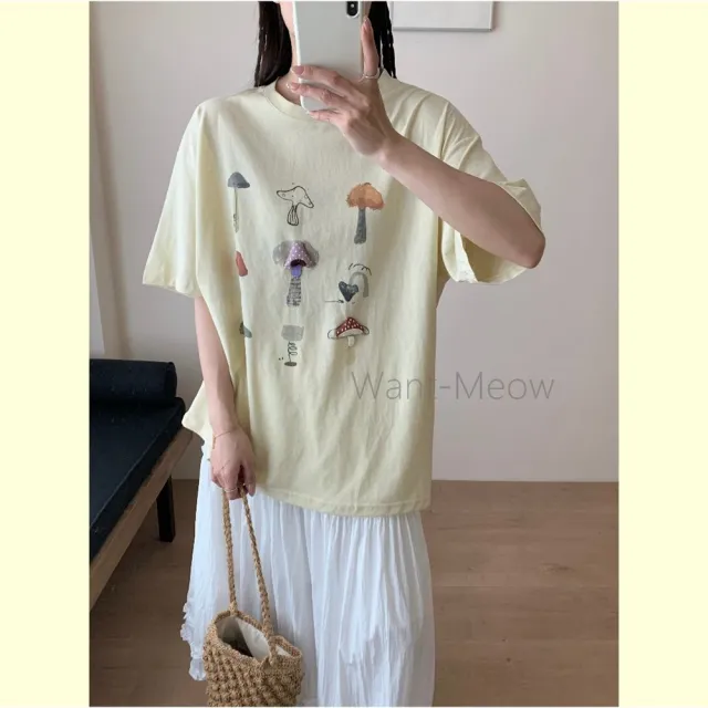 【Want-Meow】90公斤可穿/寬鬆獨家質感韓系蘑菇插畫T棉T大尺碼上衣大尺碼T恤(大碼/大尺碼/加大碼/短袖上衣)