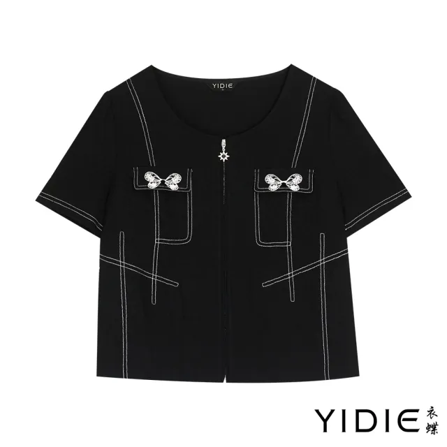 【YIDIE】蝴蝶結刺繡造型口袋拉鍊上衣-黑