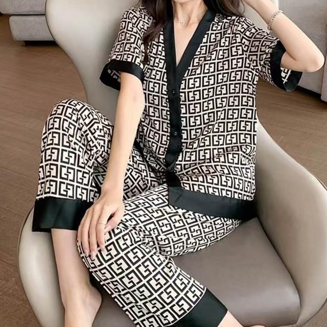 【巴黎精品】現貨出清 女絲質居家睡衣套裝冰絲短袖睡衣(薄款V領多款a1at10)S