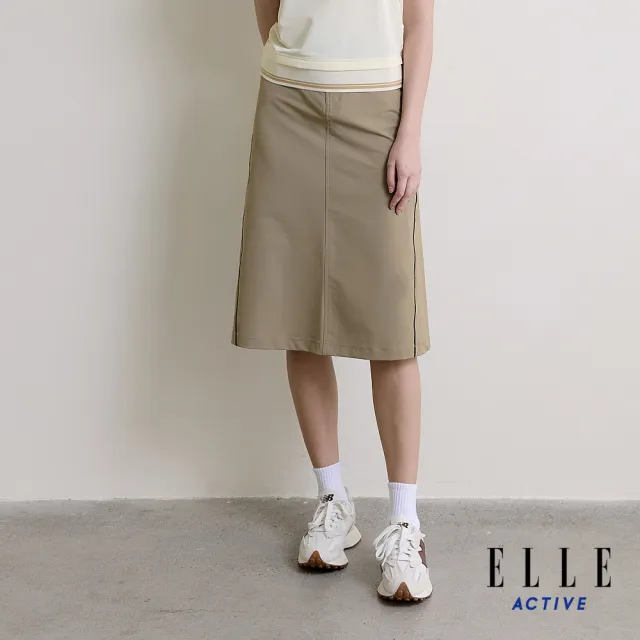 【ELLE ACTIVE】女款 可調式腰帶撞色線條中長裙-卡其色(EA26S1W2205-82)