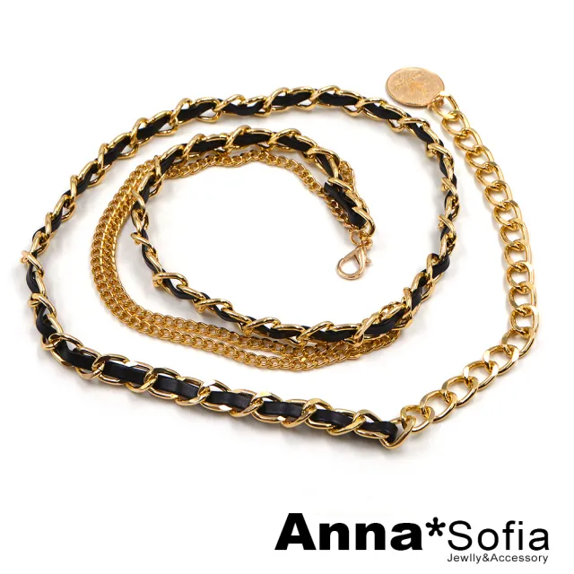【AnnaSofia】波希米亞腰鍊腰帶-皮革繞鍊帶 多層次鍊(金系)