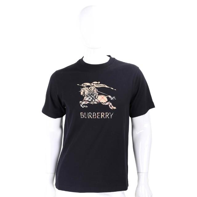 【BURBERRY 巴寶莉】漸層格紋戰馬騎士印花棉質黑色短袖TEE T恤-男女可穿