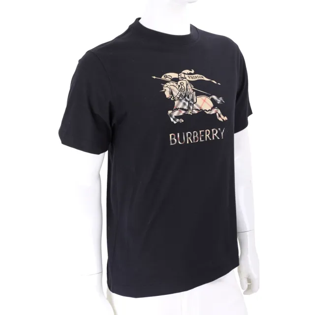 【BURBERRY 巴寶莉】漸層格紋戰馬騎士印花棉質黑色短袖TEE T恤-男女可穿