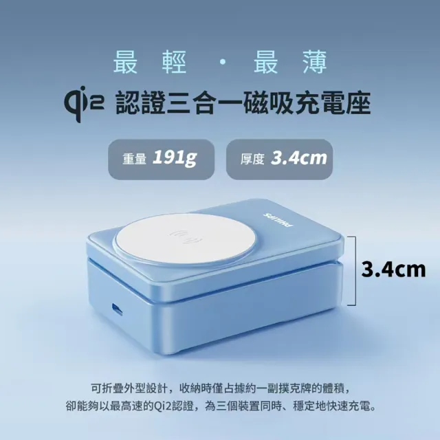 【Philips 飛利浦】DLK3547Q Qi2 22.5W黑金剛磁吸三合一磁吸充電座(MagSafe/雙系統適用)