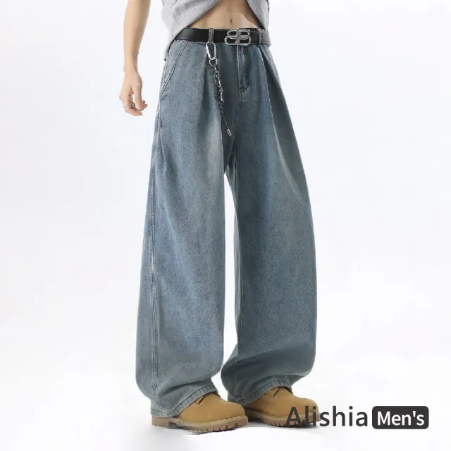 【Alishia】百搭修身打摺直筒男款丹寧褲 長褲 M-3XL (藍色/黑色)
