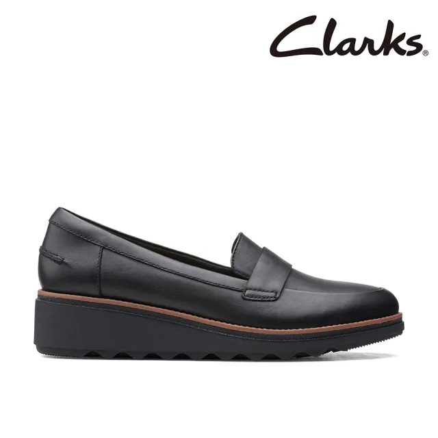 【Clarks】女鞋 Sharon Gracie 真皮輕量楔型樂福鞋 厚底鞋 增高鞋(黑色)(CLF56816C)