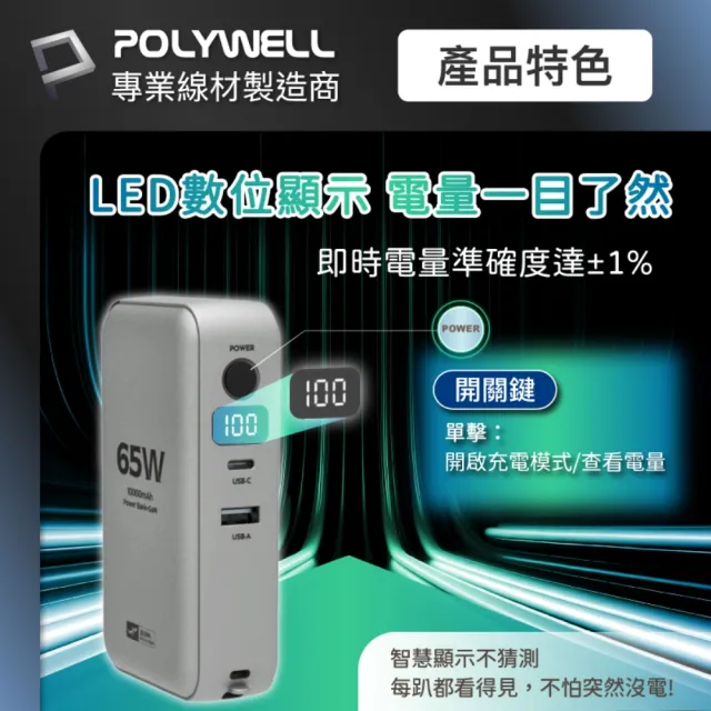 【POLYWELL】ADS014-02 65W二合一行動電源充電器 1萬mAh 1A1C 自帶線Type-C /白色(USB-A/Type-C充電)
