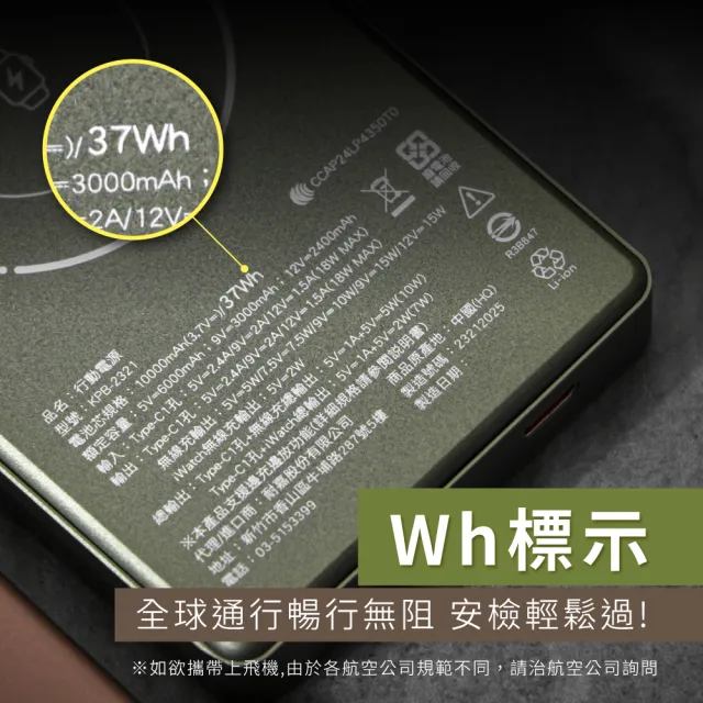 【KINYO】WH標示 10000mAh固態防爆 磁吸薄型行動電源 Type-C/蘋果 (KPB-2321)