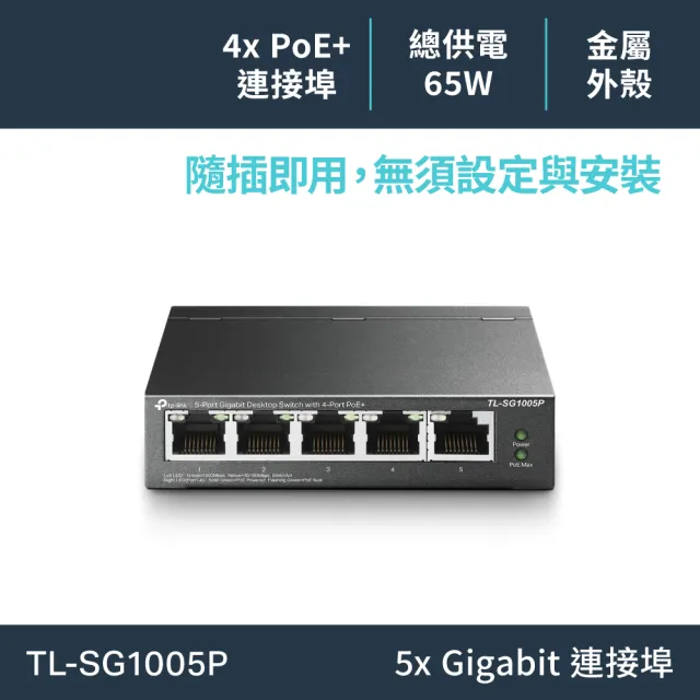 【TP-Link】TL-SG1005P 5埠 Gigabit RJ45 桌上/壁掛式 PoE switch交換器(65W)
