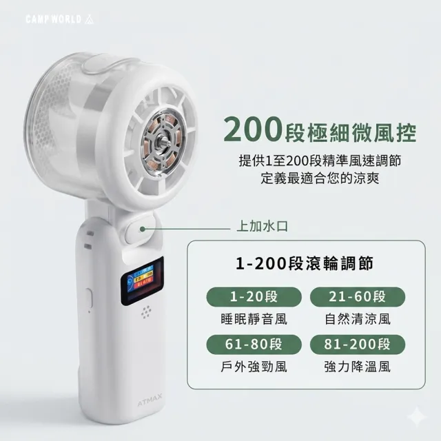 ATMAX 戶外露營 AI智能水霧手持小冰扇 露營風扇 智能風扇 AI語音 200段風速 逐露天下