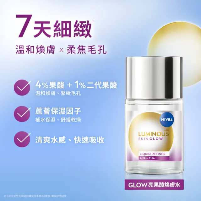 【NIVEA 妮維雅】630 GLOW亮B3精華30ml+果酸煥膚水100mlx2入(提安明多630/美白)