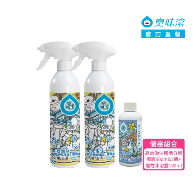 【ODOUT 臭味滾】優惠組合_高效泡沫尿垢分解噴霧500ml x 2瓶 +寵物沐浴露100ml