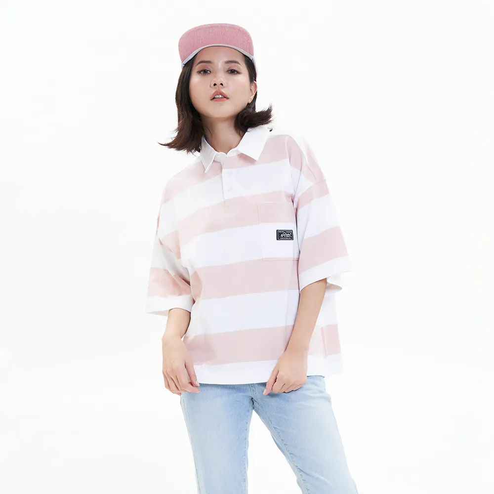 【5th STREET】女裝 polo衫 短袖 條紋 休閒polo衫 粉紅(570939)