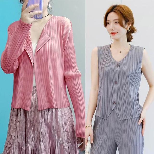 【K.W.】MOMO限定春季新品韓國潮流簡約三宅風格褶皺素色上衣 褲子(壓褶 中大尺碼 輕薄 多款可選)