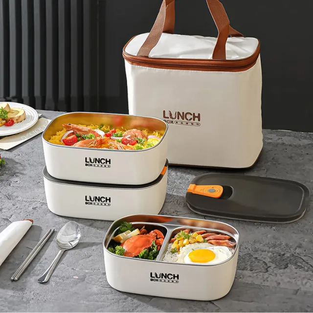 【LZQ】日式可微波分格便當盒 304不鏽鋼注水保溫飯盒 防漏便攜保鮮盒 學生餐盒（附便攜保溫袋+餐具套組）