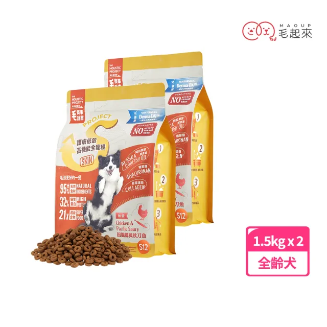 【MAOUP 毛起來】護膚無穀犬糧 S12田園雞與秋刀魚 1.5kg 2件組(狗飼料 狗乾糧主食 低敏飼料)