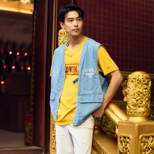 【EDWIN】男裝 白沙屯媽祖香燈腳牛仔背心(拔淺藍)