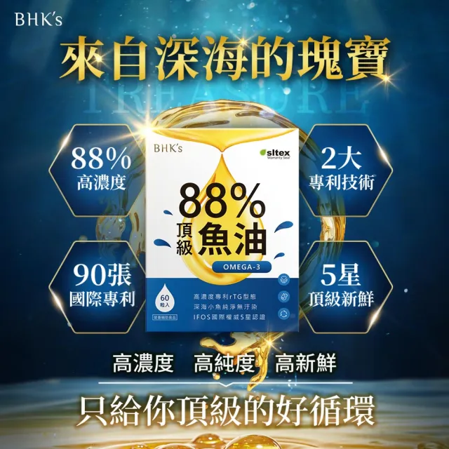 【BHK’s】88% Omega-3 頂級魚油 軟膠囊 3盒(60粒/盒)