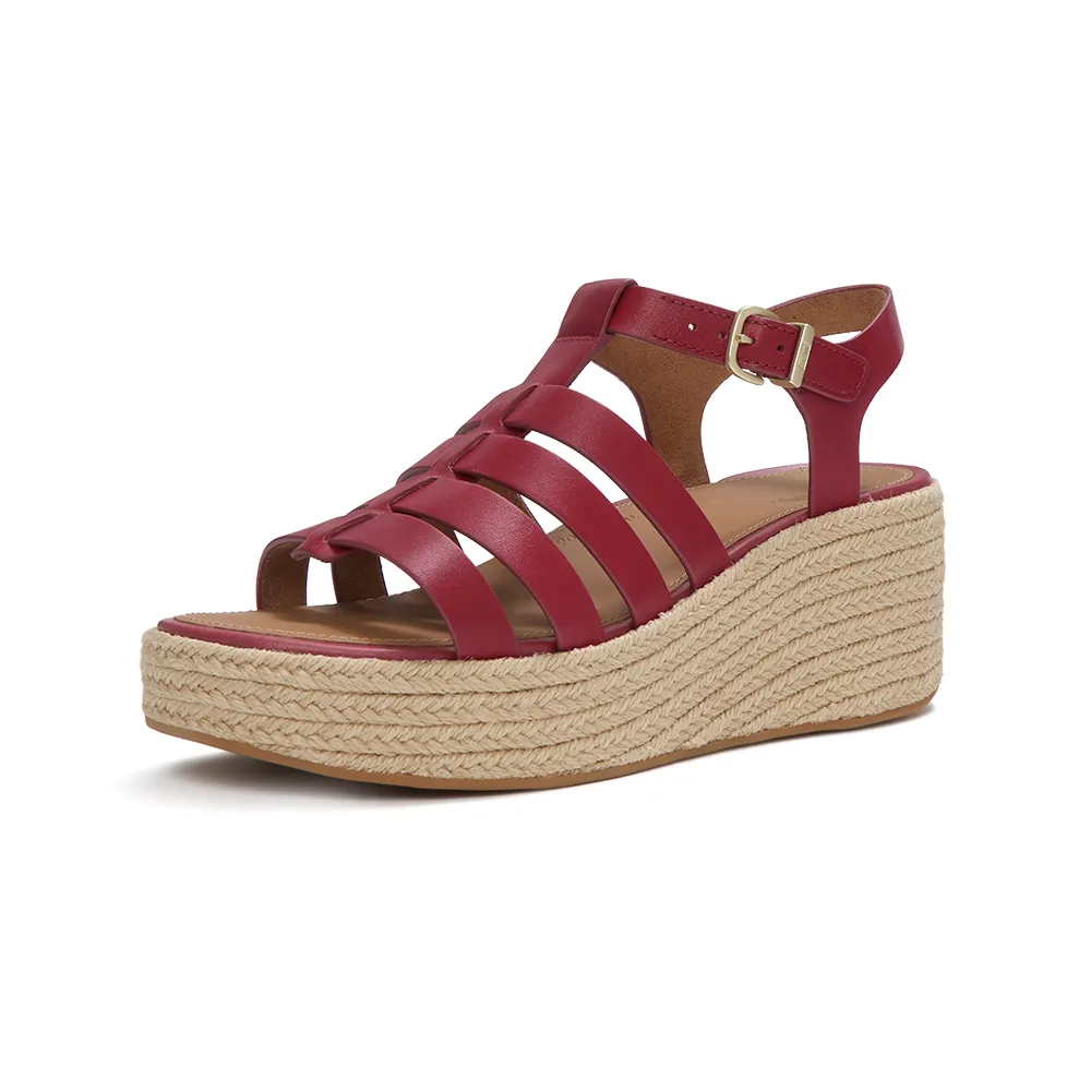 【FitFlop】PLATFFORMS 草編皮革漁夫楔形涼鞋-女(焦紅莓色)