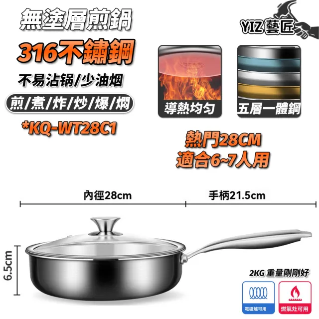 YIZ藝匠 不粘鍋 無塗層炒鍋 28cm 316不鏽鋼（加厚3mm 受熱均勻不跑油 燃氣竈/電磁爐專用）