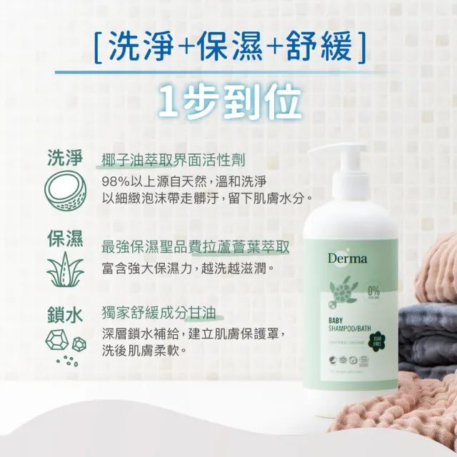 【Derma 丹麥德瑪】寶寶有機沐浴露家庭號囤貨組-沐浴露500ml*4(洗髮沐浴兩用、新生兒、嬰幼童)
