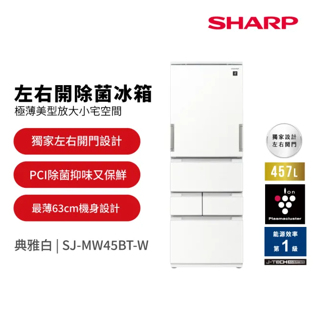 【SHARP 夏普】家電快配457L PCI自動除菌離子一級變頻左右開五門冰箱(SJ-MW45BT-W)