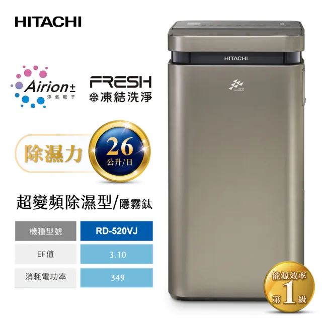 【HITACHI 日立】26公升AI超變頻高效型除濕機/隱霧鈦(RD-520VJ)
