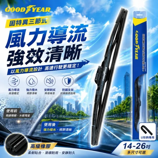 【GOODYEAR 固特異】三節式風力雨刷 14吋-26吋(前檔雨刷｜三節式雨刷｜雨刷)