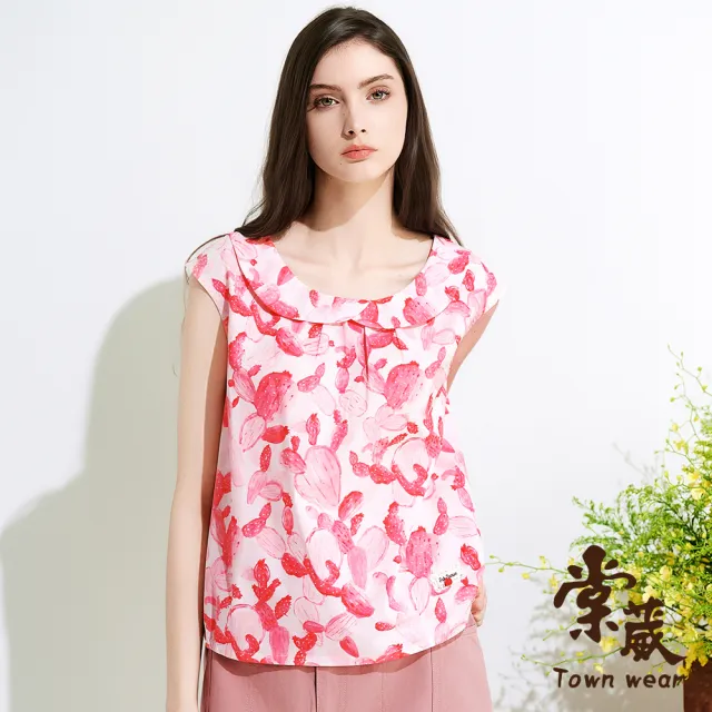 【TOWN’WEAR 棠葳】滿版印花翻領純棉上衣(中大尺碼/女上衣/女上著/蕾絲/短袖/輕薄/涼感)
