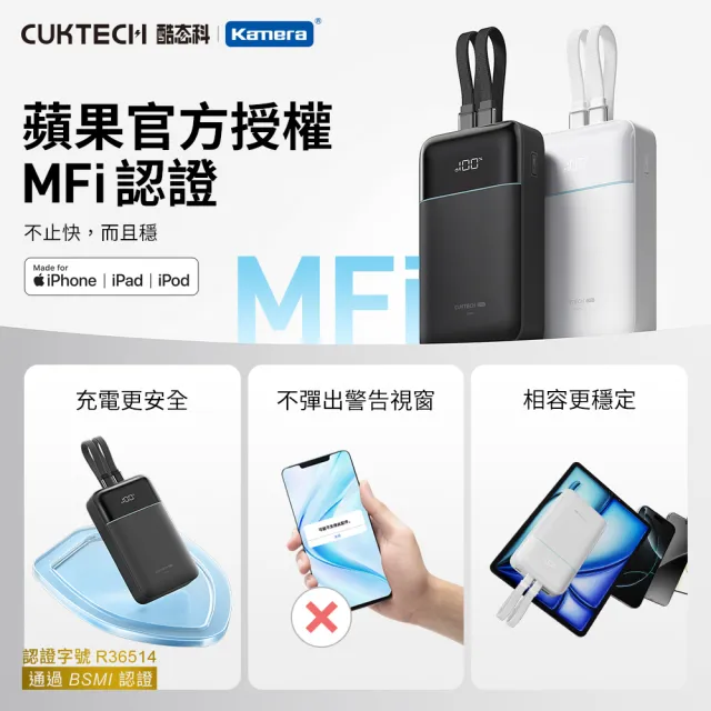 【CUKTECH 酷態科】CP24電能塊 20000mAh 40W 自帶雙線 行動電源LPB200NL Wh標示 3C認證 BSMI