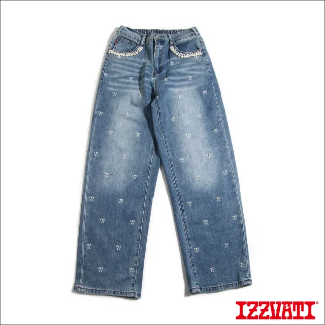 【IZZVATI】蝴蝶結珍珠褲-藍 (街頭時尚的雅痞單品)