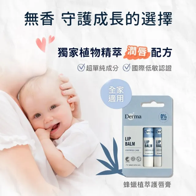 【Derma 丹麥德瑪】蜂蠟植萃護唇膏兩件組 4.8g*2(無香/全家人皆適用)