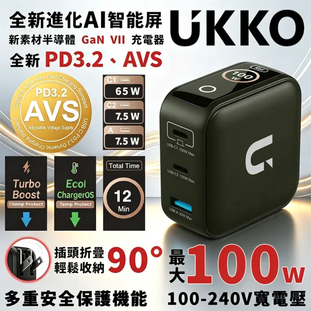 【UKKO】100W GaN 氮化鎵 PD3.2/AVS 3孔 (2C1A) AI 溫控急速充電器 (黑)