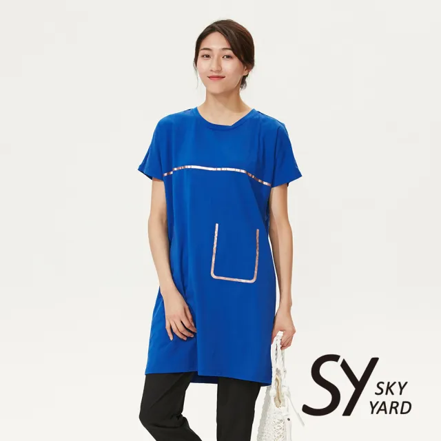 【SKY YARD】網路限定款-休閒百搭假口袋印花長版造型上衣-藍色